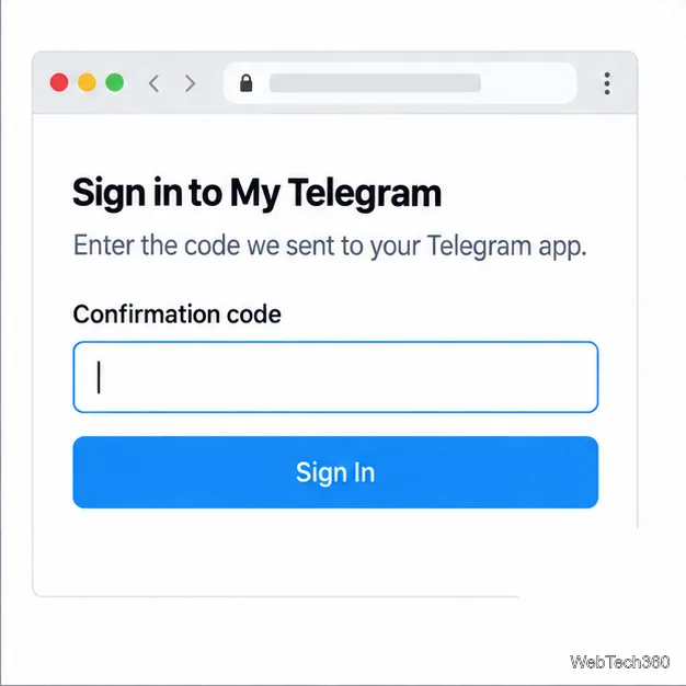 Макет страницы входа в Telegram с полем для ввода кода подтверждения и кнопкой «Войти».