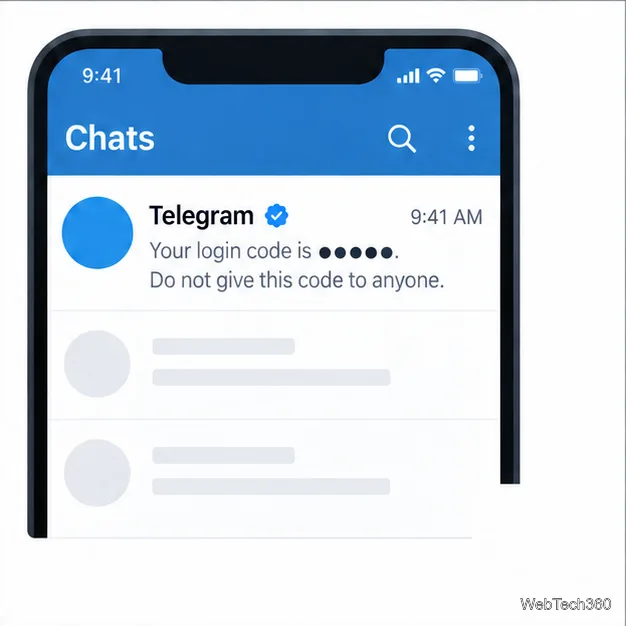 Макет списка чатов Telegram, показывающий сообщение с подтвержденным кодом авторизации Telegram, при этом сам код скрыт.