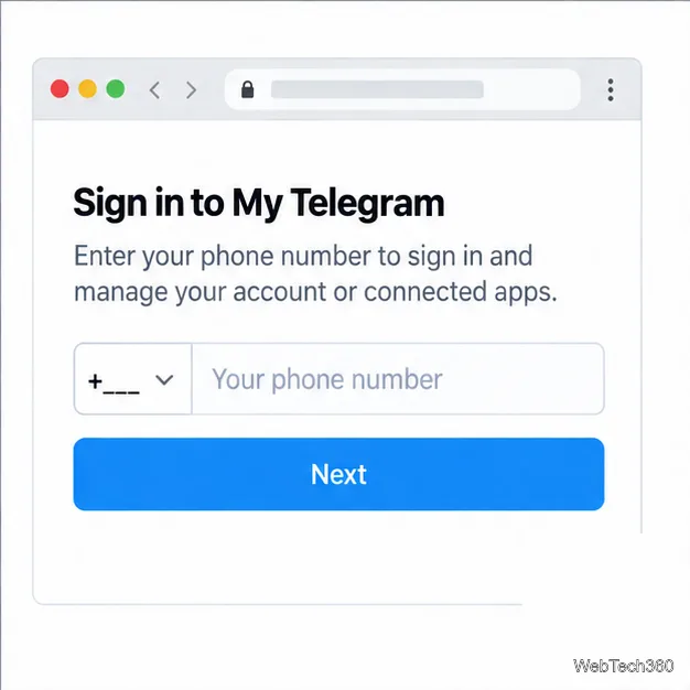 Макет страницы входа в Telegram с нейтральным селектором кода страны и полем для номера телефона.
