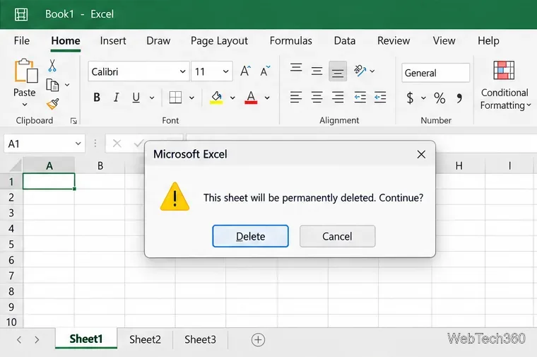 Caixa de diálogo de confirmação do Excel informando que a planilha será excluída permanentemente, com botões Excluir e Cancelar.