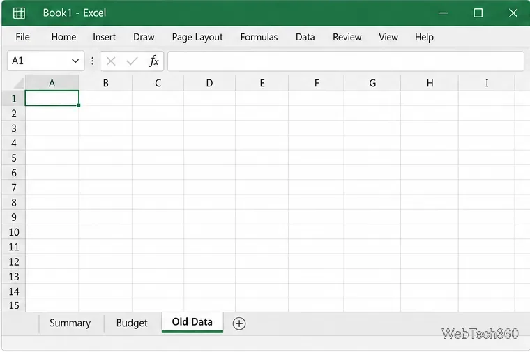 Planilha do Excel com a guia "Dados Antigos" visível e selecionada ao lado de "Resumo" e "Orçamento".