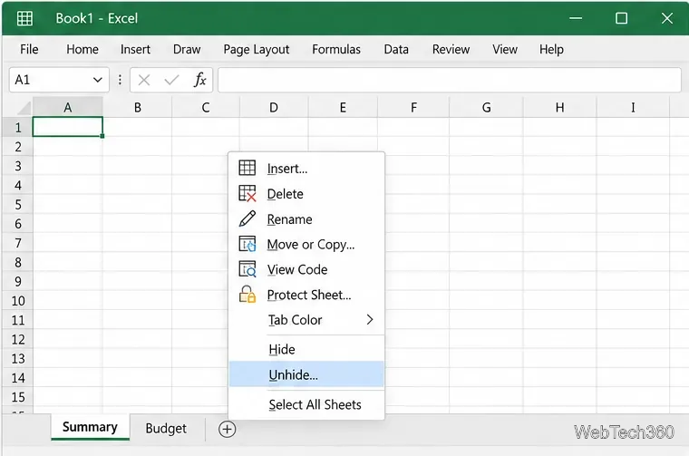 Menu de contexto da guia da planilha do Excel com a opção "Exibir" selecionada.