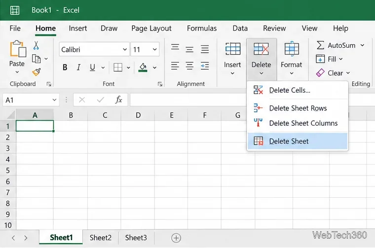 Na faixa de opções Início do Excel, o menu Excluir está selecionado com a opção Excluir Planilha.