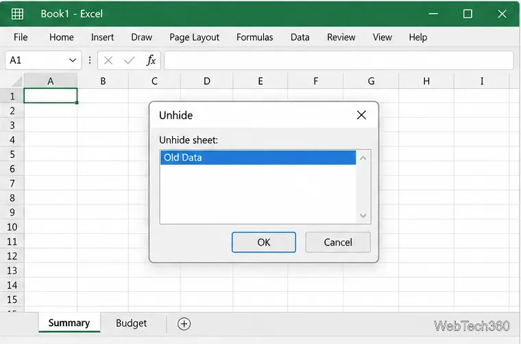 Diálogo "Exibir" no Excel com a planilha oculta "Dados Antigos" selecionada e botões "OK" e "Cancelar".