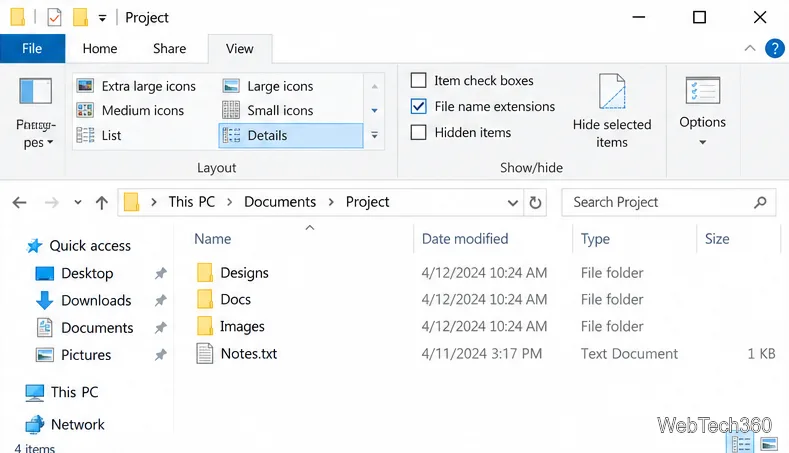 Windows 10 File Explorer View tab with Hidden items unchecked after cleanup.