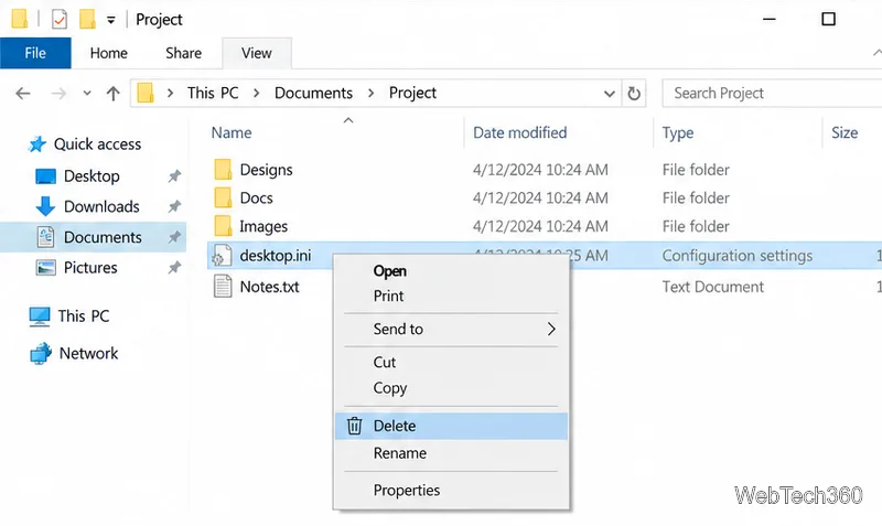 A single desktop.ini file selected in File Explorer with Delete highlighted in its context menu.