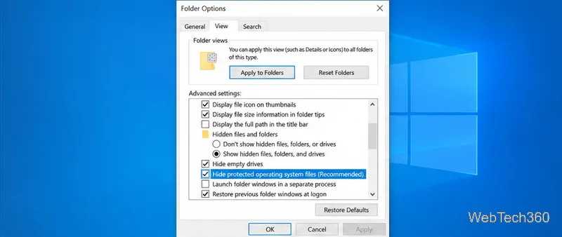 Windows 10 Folder Options View tab with hidden files enabled and protected operating system files still hidden.