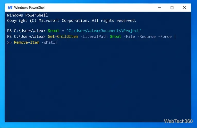 Windows PowerShell zeigt einen nur dateibasierten Get-ChildItem-Befehl, der mit der Option -WhatIf an Remove-Item weitergeleitet wird.