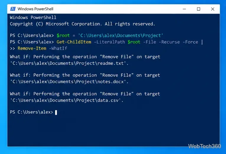 PowerShell WhatIf gibt die Namen der zur Löschung vorgesehenen Dateien aus, ohne die Ordner aufzulisten.