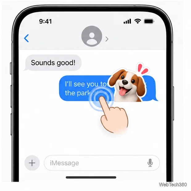 テキストの一部を覆うステッカーが付いたiPhoneメッセージの吹き出しを指でダブルタップする