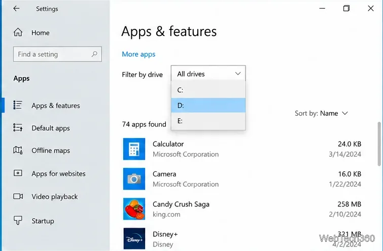 Configurações de Aplicativos e recursos do Windows 10 com o filtro de unidade aberto e D: selecionado.