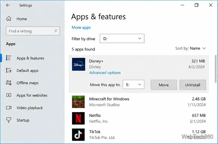 A seção Aplicativos e recursos do Windows 10 exibe um aplicativo da Loja com os controles "Mover para E:" e "Desinstalar".