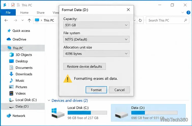 A caixa de diálogo Formatar do Windows 10 para Dados (D:) exibe um aviso de que a formatação apaga todos os dados.