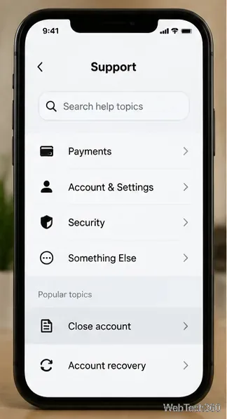 Меню поддержки Cash App с настройками учетной записи и возможностью закрытия счета.