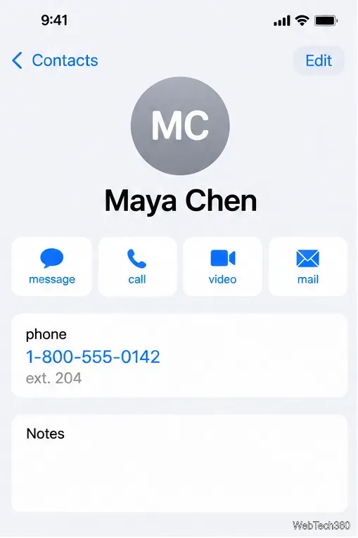 Карточка контакта iPhone с кнопкой «Редактировать» и номером телефона контакта.