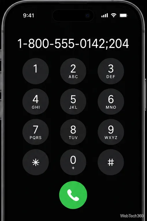 Клавиатура iPhone с точкой с запятой перед добавочным номером 204 для ожидания перед отправкой.