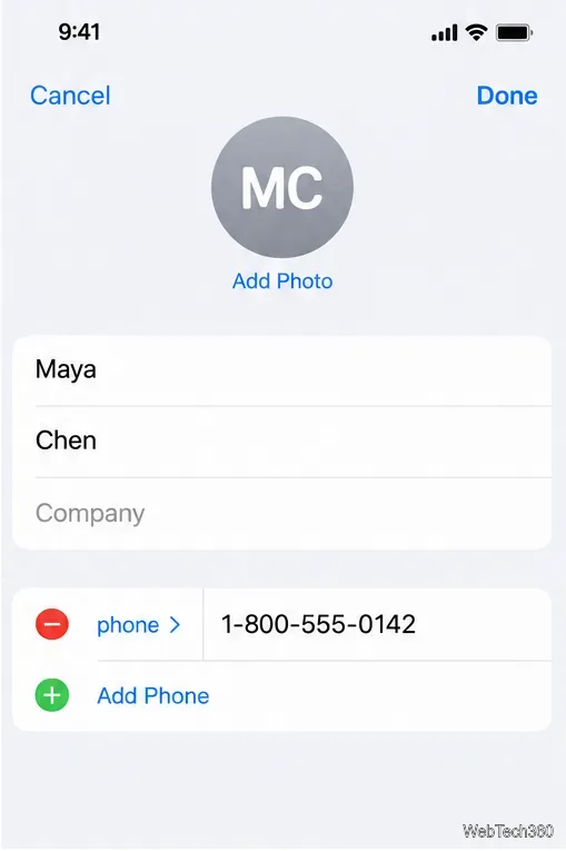 Экран редактирования контакта на iPhone, отображающий поле для номера телефона и опцию «Добавить телефон».