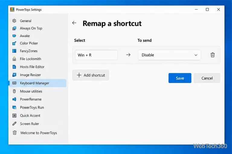 Editorul de remapare afișează Win+R în Selectare și Dezactivare în Trimitere.