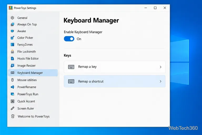 Pagina Manager tastatură cu controlul Remapare o comandă rapidă evidențiat.