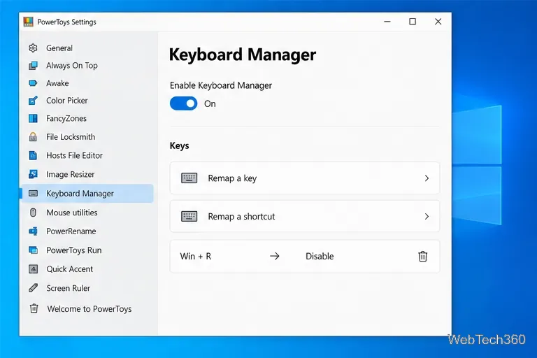 Regula salvată din Managerul de tastatură mapează Win+R la Dezactivare.