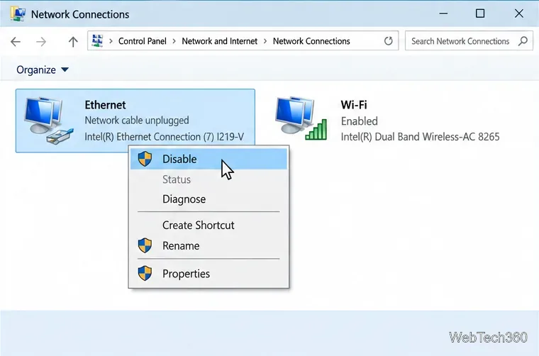 Right-click menu on the Ethernet adapter with Disable highlighted while Wi-Fi remains separate