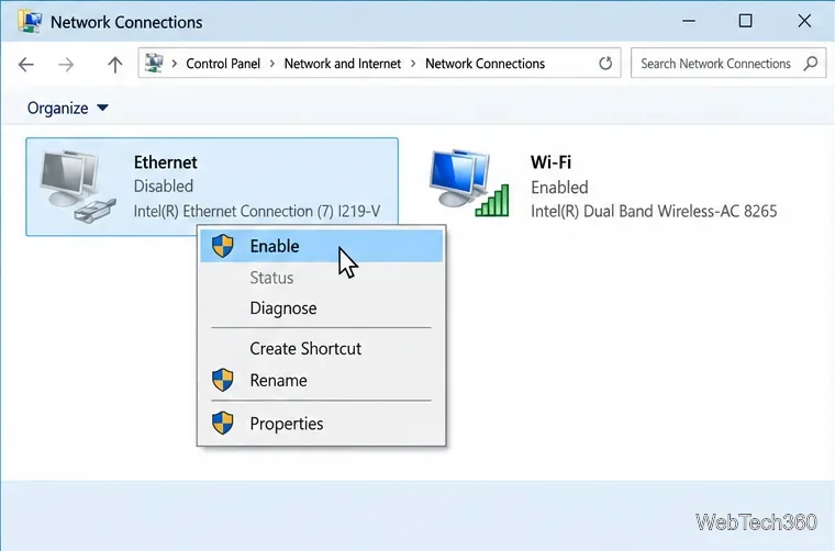 Disabled Ethernet adapter with the Enable command selected and Wi-Fi still enabled