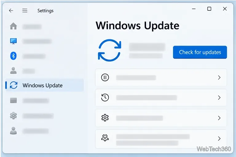 หน้าการตั้งค่าการอัปเดต Windows โดยมีปุ่มตรวจสอบการอัปเดตปรากฏอยู่