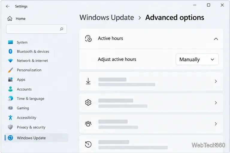 ตัวเลือกขั้นสูงของ Windows 11 แสดงเวลาใช้งานที่ตั้งค่าเป็น "ด้วยตนเอง"