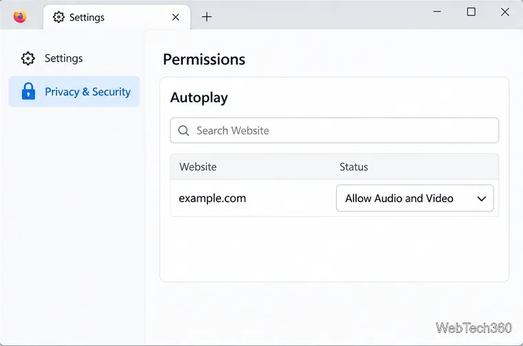 Liste des paramètres de lecture automatique de Firefox indiquant que example.com est autorisé à lire les fichiers audio et vidéo.