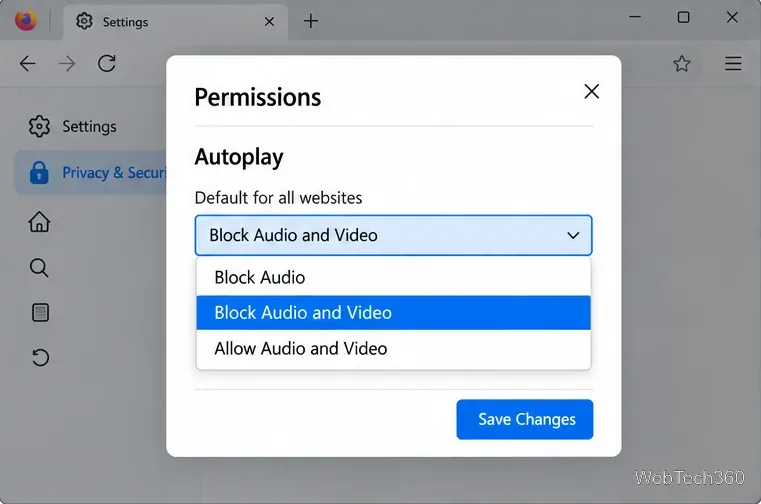 Boîte de dialogue de lecture automatique de Firefox avec l'option « Bloquer l'audio et la vidéo » sélectionnée dans le menu déroulant par défaut.