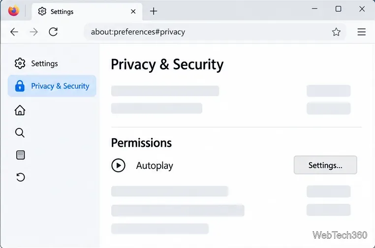 Section des autorisations de Firefox avec la ligne Lecture automatique et son bouton Paramètres.