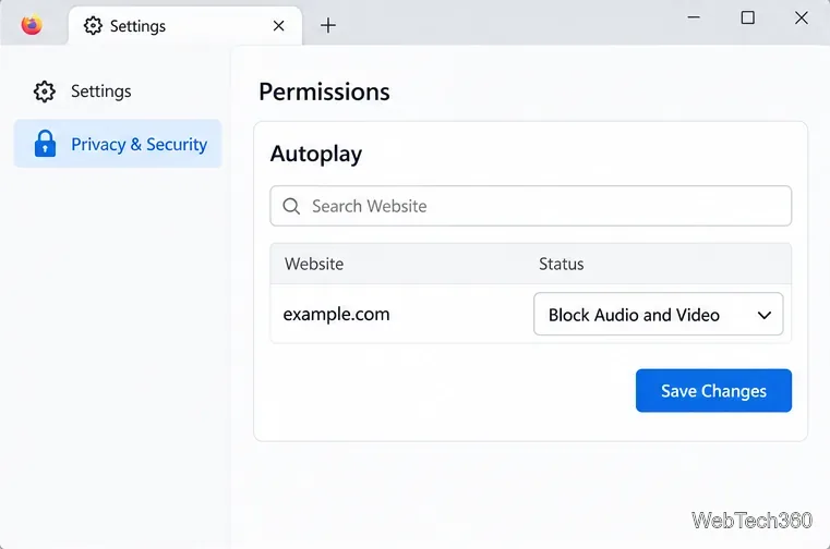 La ligne d'exception de lecture automatique de Firefox est configurée pour bloquer l'audio et la vidéo, avec l'option « Enregistrer les modifications » visible.