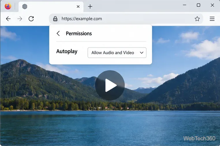 Panneau des autorisations de la barre d'adresse de Firefox affichant une option de lecture automatique spécifique au site.