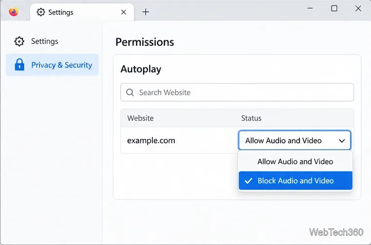 Menu d'état du site web Firefox avec l'option « Bloquer l'audio et la vidéo » sélectionnée pour example.com.