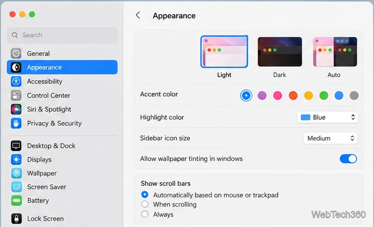 إعدادات نظام macOS مع تحديد "المظهر" في الشريط الجانبي.
