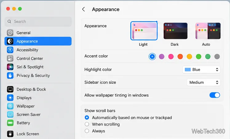إعدادات مظهر نظام macOS مع تحديد الوضع الفاتح إلى جانب الوضع الداكن والوضع التلقائي.