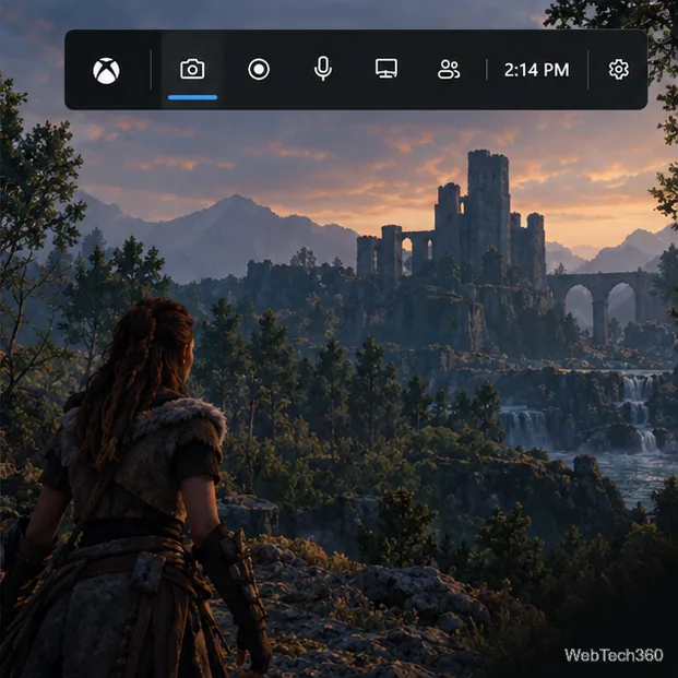 Панель инструментов Xbox Game Bar остается открытой во время игры, при этом видны элементы управления захватом экрана и виджетом, но всплывающее окно с подсказкой отсутствует.