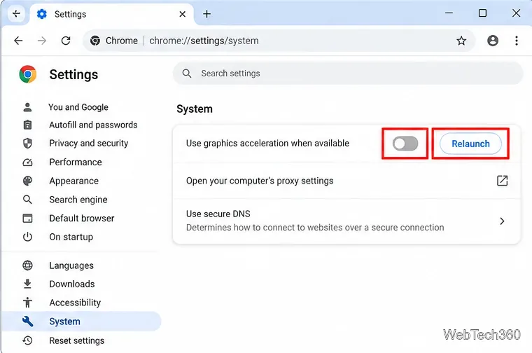 Chromeのシステム設定で、グラフィックアクセラレーションをオフにし、再起動ボタンをハイライト表示します。