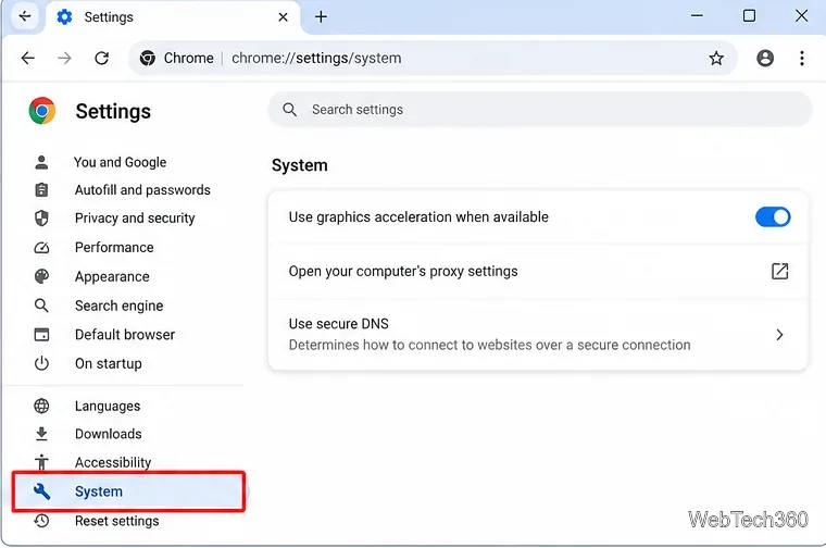 Chromeの設定システムページで、左側のサイドバーで「システム」がハイライト表示されている。