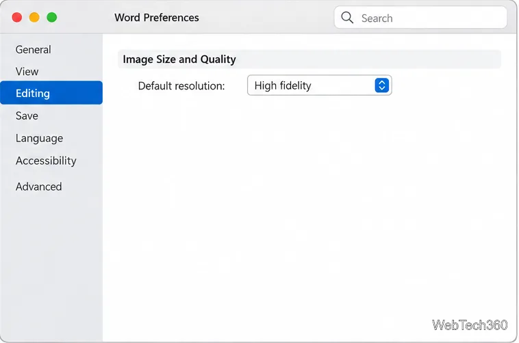 Настройки Word на Mac: выбран режим редактирования, разрешение по умолчанию установлено на «Высокое качество».