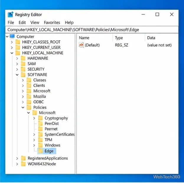 Editorul de registry la HKEY_LOCAL_MACHINE\SOFTWARE\Policies\Microsoft\Edge