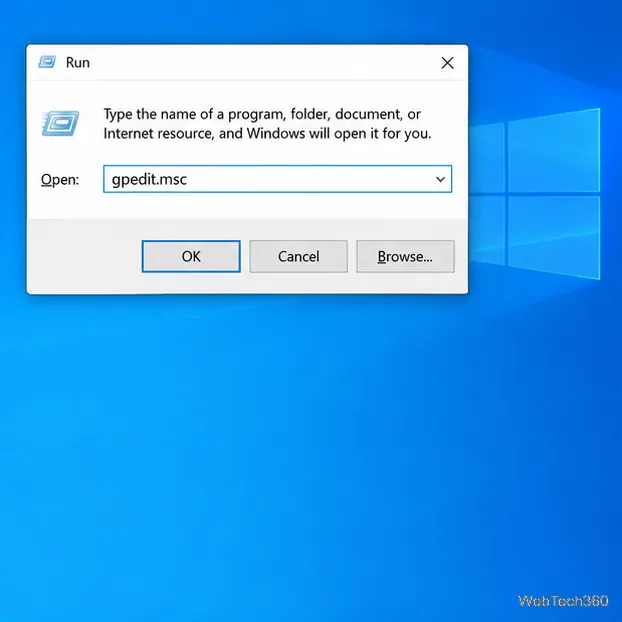 Caseta de dialog Executare Windows 10 cu gpedit.msc introdus