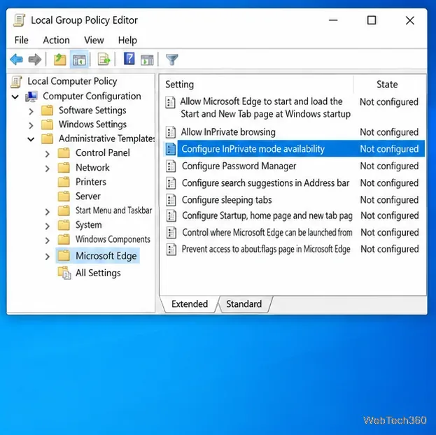 Editorul de politici de grup locale cu opțiunea Configurare mod InPrivate selectată în Microsoft Edge