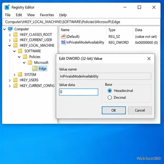 Editorul de Registry modifică setarea casetei de dialog DWORD InPrivateModeAvailability la 0