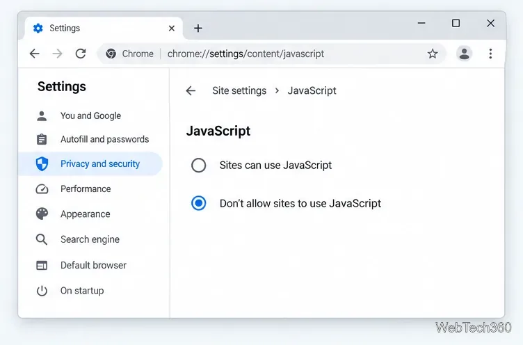 Chrome JavaScript site setting with Don’t allow sites to use JavaScript selected.