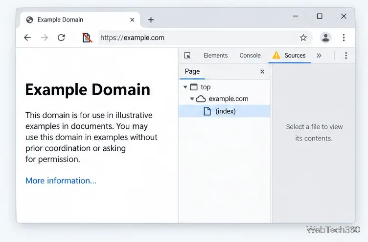Chrome tab with JavaScript disabled, showing the address bar indicator and a warning beside Sources.