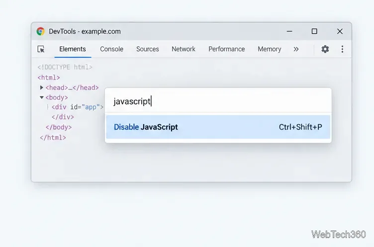 DevTools Command Menu showing the Disable JavaScript command after searching for javascript.