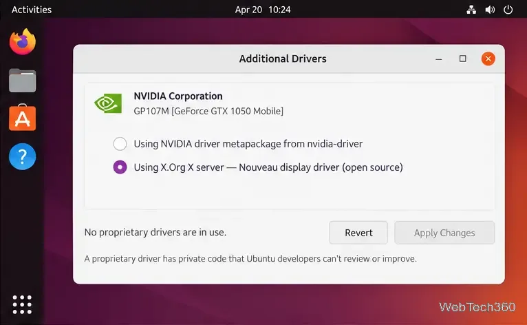 其他驅動程式清單列出了已選擇 Nouveau 顯示驅動程式選項的 NVIDIA 硬體。