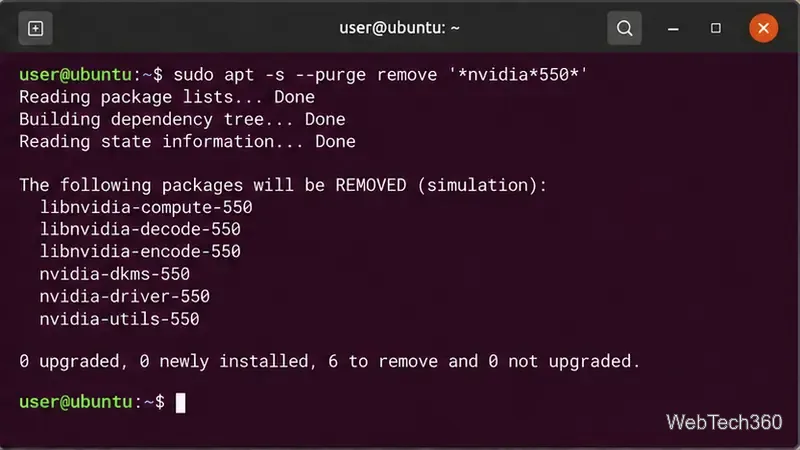 APT 模擬預覽顯示,NVIDIA 550 軟體包擬移除