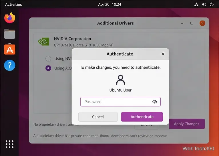 在應用 Nouveau 驅動程式選擇之前,Ubuntu 會提示進行身份驗證。